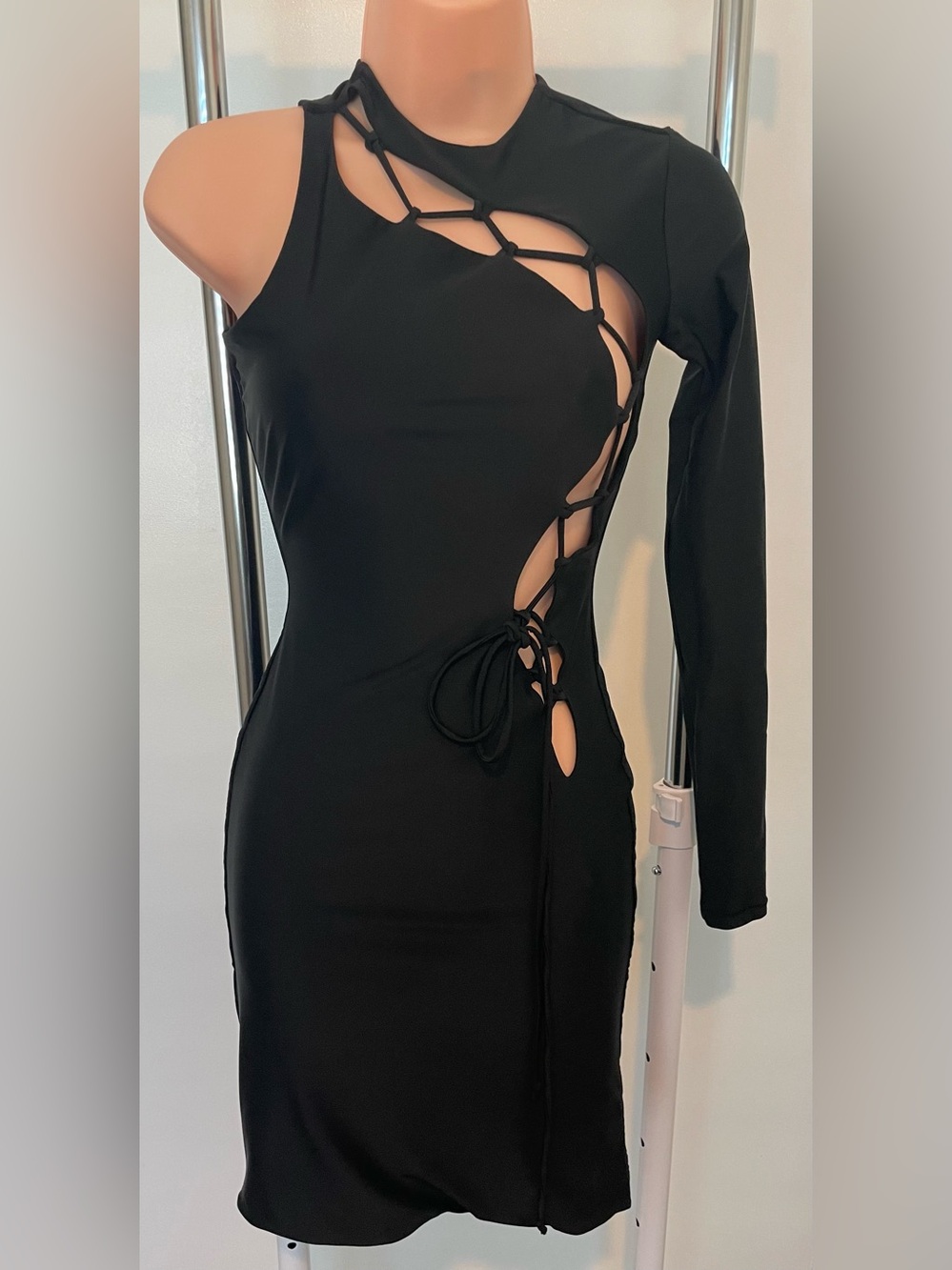 Black One-Shoulder Lace-Up Cutout Dress